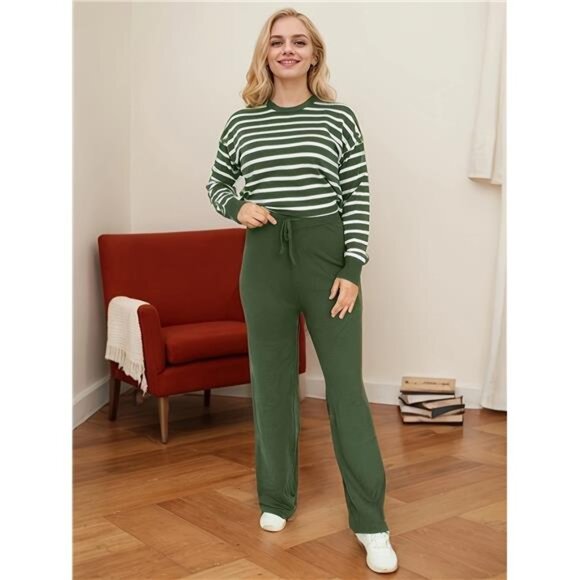 NEW -  Green  Women'S Knit Sweater Set - Pullover Striped Top With Long Pants - Picture 1 of 7